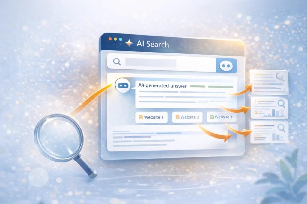 AI search optimization concept with search interface, AI-powered search results, semantic SEO, and generative search technology.