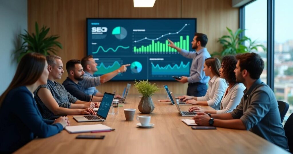 Digital marketing team planning a search optimization strategy using SEO analytics and performance dashboards.
