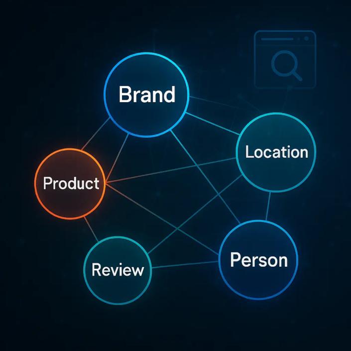Semantic SEO concept showing connected entities including brand, product, person, location, and reviews for AI-powered search optimization.