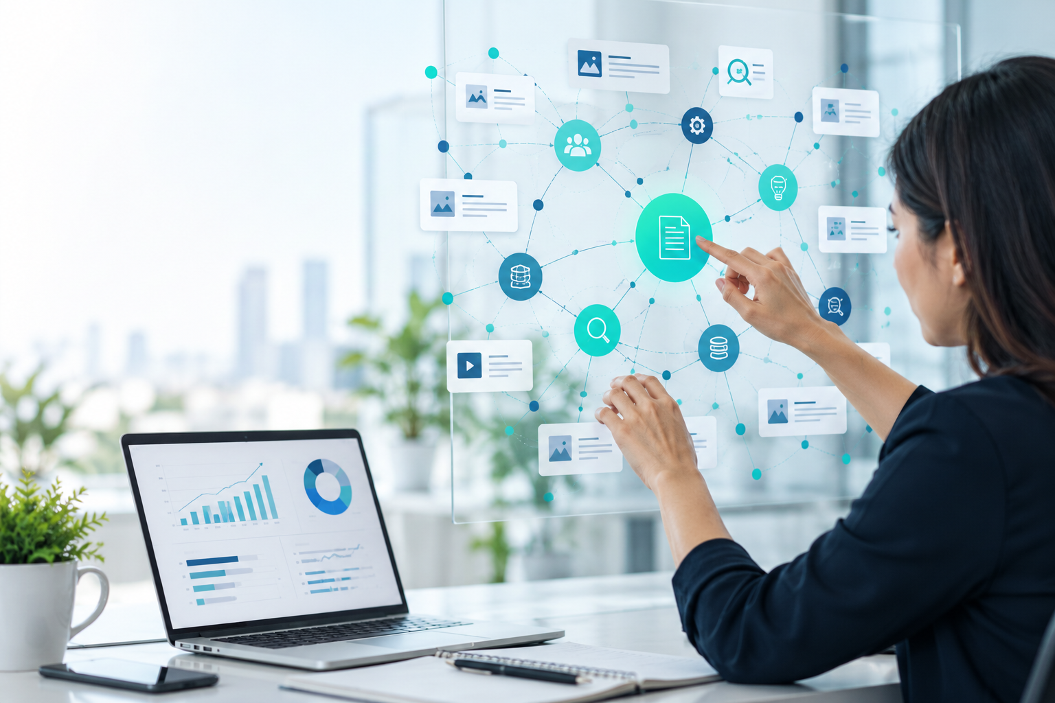 A professional analysing connected topics, entities and search data to illustrate semantic SEO.
