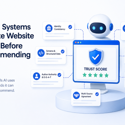 AI systems evaluate website trust by analyzing identity consistency, authority, structured data, brand mentions, reviews, content quality, and cross-validated trust signals before recommending businesses.
